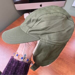 Lands' End Olive Green Trappers Nylon Hat Sherpa Lined Sz S/M